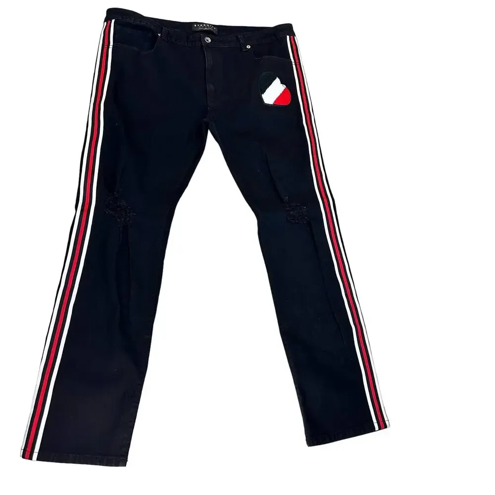 Eternity BC/AD Black Denim Leg Striped + Heart Detail Jeans Tapered Leg Size 42